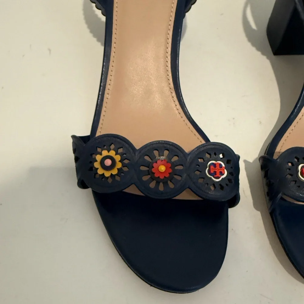 TORY BURCH Marguerite Perforated Floral Navy Blue Slingback Block Heel Sandal 10